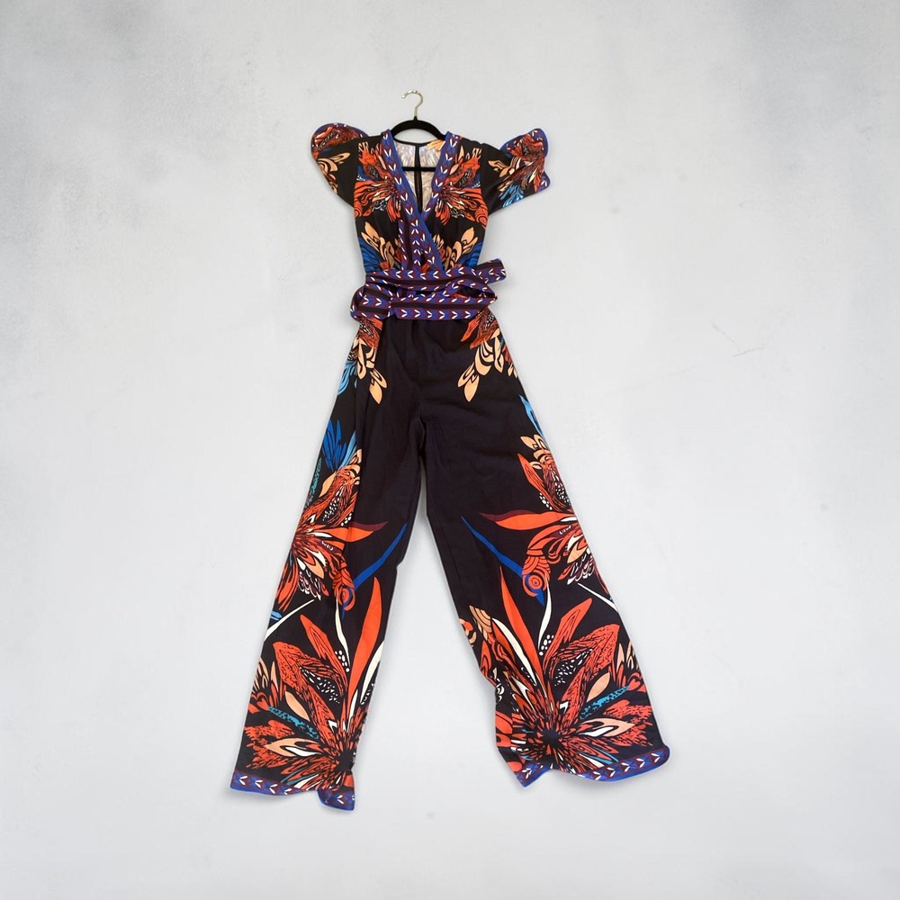 Flying Tomato Floral Wide Leg Jumpsuit Tropical Flutter Sleeve Large IP7051TM